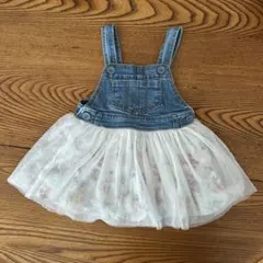 ジャンバースカート デニム フラワープリント チュール90cm 美品