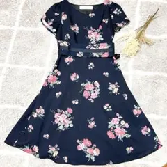 美品 tocco トッコ ワンピース 花柄 ネイビー ベルト 美シルエット