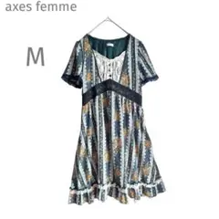 アクシーズファム【M】花柄ストライプ♡半袖ワンピース♡グリーン♡アクシーズ♡緑