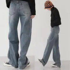 【美品】【y2k】ミディアムブルー ワイドデニム パンツ ジーンズ　韓国