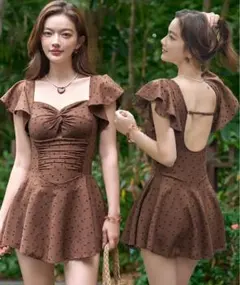 レディース水着 ドット柄フレアフリルワンピ風バックカットアウトオールインワン水着