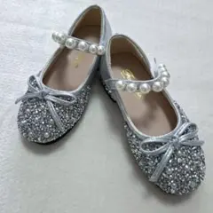 キッズ フォーマルシューズ パールストラップ ビジュー リボン シルバー