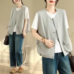 ベスト アウター おしゃれ度高め 無地＆シンプル 丸襟 カジュアル ボタン