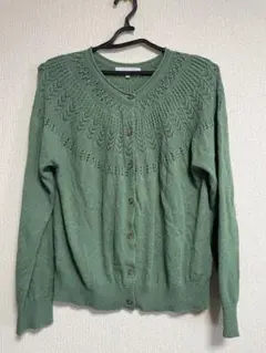 【美品】透かし編み ニットカーディガン LL セージグリーン 大きいサイズ