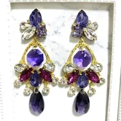 A486♡スワロフスキー　パープル　紫　ビジュー　ピアス　じゃらじゃら　ドロップ