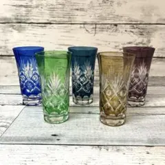 (486)美品 江戸切子　カラフルカットグラス5個セット