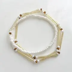2way ハンドメイド ビーズ 3連ブレスレット ネックレス ゴールド×ホワイト