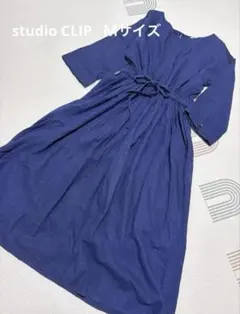 【美品】studio clip 麻　Vネックワンピース　ネイビー　Mサイズ