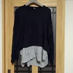 大きいサイズサイドリボン付きネイビー レイヤード 薄手ニット 長袖