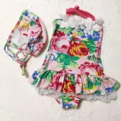 レトロで可愛い 水着　ワンピース　80〜90cm　キャップ付き　花柄　フリル