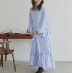 tititavate ボリュームシャツワンピース　　ストライプロング丈　春ワンピ