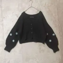 Heather♡ショート丈 ざっくりカーディガン 花刺繍 Vネック F