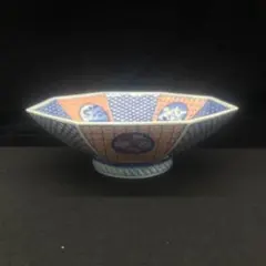 深川製磁　菓子器　八角皿　染付色絵　手描希少品