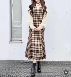 NOMAE シャギーボレロロングチェックワンピース