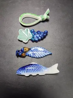 ​【美品】陶器 箸置き 4点セット｜魚・ぶどう・葉っぱ・結び目｜和食器