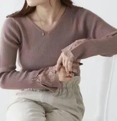 NICE CLAUP　袖レースリブカットソー
