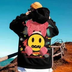 メンズ パーカー トレーナー 黒 韓国 長袖 XL ストリート くま ベアー