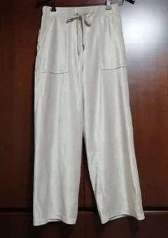 ベージュ リブワイドパンツ コーデュロイ