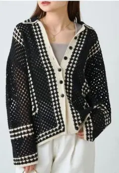 ピュアルセシン　配色クロシェ編み風襟付きカーディガン　ブラック