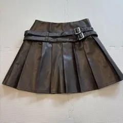Y2K フェイクレザー プリーツミニスカート ベルト付き ブラウン L