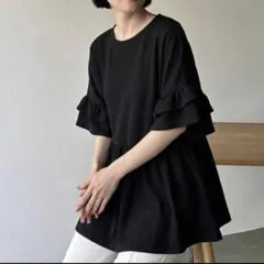 SHEIN friful フリル　トップス　ワッフル　ブラック　半袖　黒　無地のサムネイル