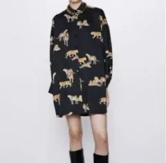 ZARAアニマル柄シャツトラヒョウM 虎ブラックシャツワンピザラサテン生地