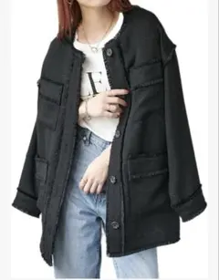 DISCOAT ディスコート ノーカラー ツイードジャケット ブラック