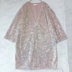 H&M スパンコール 五分袖 トップス ピンクワンピース Vネック ドレスのサムネイル
