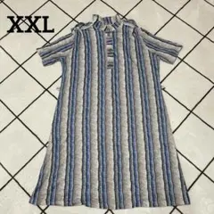 ヴィンテージ【XXL】レトロ ストライプ チュニック ワンピース ブルー