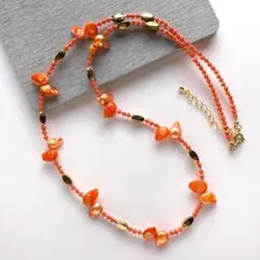 63cm　オレンジ　淡水パール　ハンドメイド　ビーズネックレス