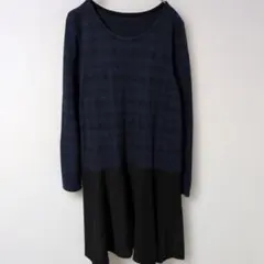 grove【М】長袖　膝下ワンピース　チェック　Uネック　ブルー