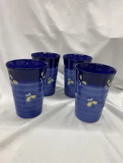 青色花柄湯飲み4個セット