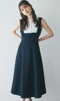 ヨークレース切替バックレースアップ配色ワンピース　ネイビー