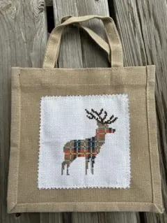ハンドメイド クロスステッチ 刺繍 ジュートバッグ 鹿