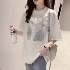 Tシャツ　春夏　半袖　レディース　ロゴ　大きめ 　韓国　ホワイト