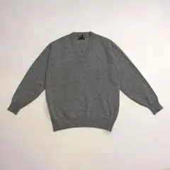 Vネックニット ケーブル編み シンプル 上質 ベーシック ウール100% グレー