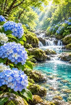 清流と紫陽花　アジサイ　新緑　森林浴　あじさい　大自然　マイナスイオン　C429