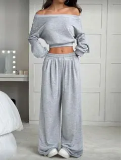 オフショルダーグレーセットアップ L