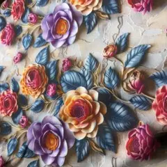 1㍍長　立体視感ヨーロピアンフラワー柄の綿シーチングプリント生地ハギレ布