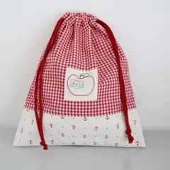 ギンガムチェックとキルティングの刺繍入り巾着