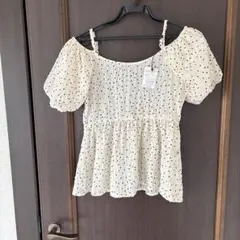 オフホワイト ドット柄 パフスリーブ シャツ F