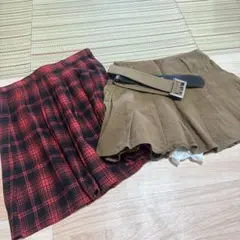ROMWE赤チェックプリーツスカート/ブラウンプリーツスカート