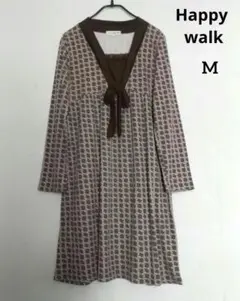 Happy walk 幾何学模様 ブラウン長袖ワンピース