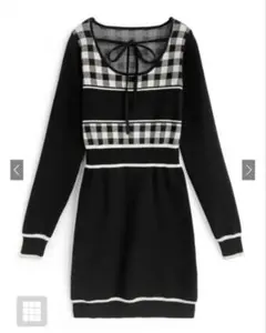 ギンガムチェック柄配色ラインニットミニワンピース