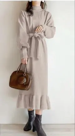 GRL ウエストリボンニットワンピース　M アイボリー