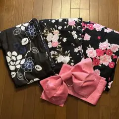 浴衣・作り帯セット 花柄 黒 ピンク 青　浴衣まとめ売り