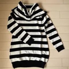 ニット　ボリュームオフタートル　ロング　太　ボーダー　ミニワンピース　チュニック