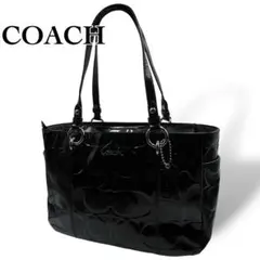 美品 COACH ハンドバッグ シグネチャー チャーム付 エナメルレザー 黒