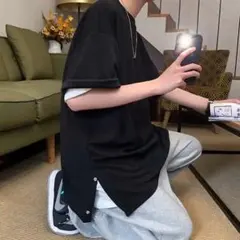 メンズサイドボタン半袖Tシャツ4XLサイズ 黒ブラック　オーバーサイズ