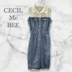 CECIL McBEE シャツ切替 デニムワンピース ノースリーブ M ボタン